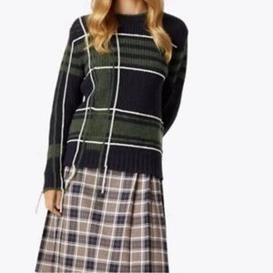 Tory‎ Burch Eden plaid green and blue wool blend Fuzzy Yarn-Trim Plaid Sweater